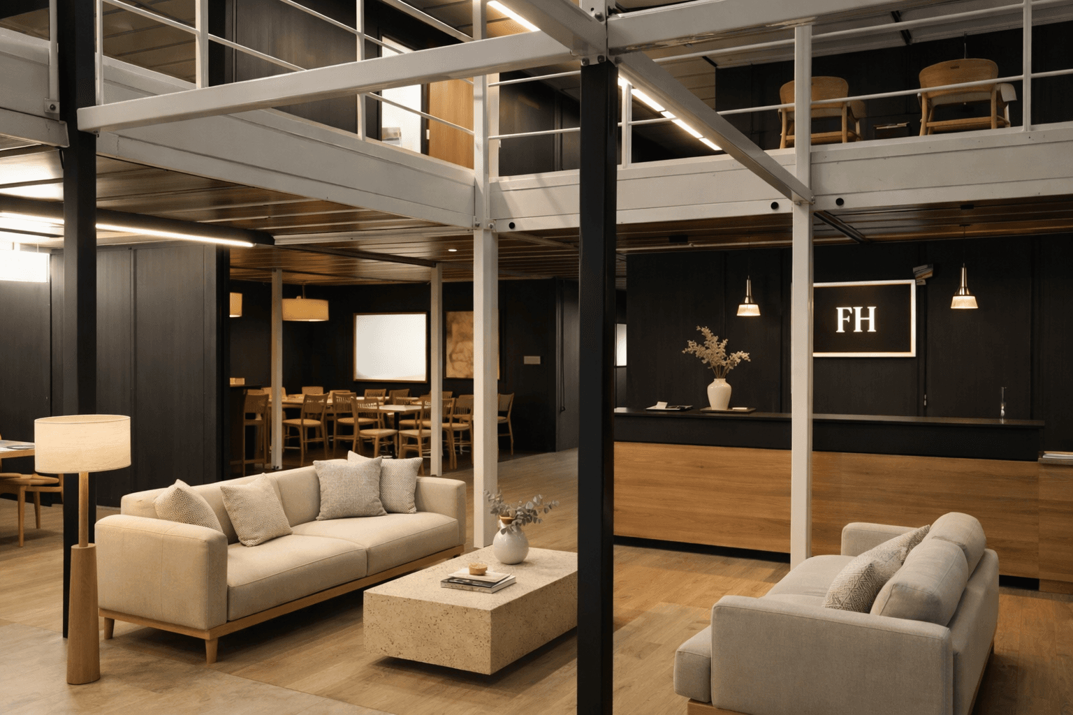Recepção do Hotel Experience Container, projeto temporário em contêineres no São Paulo Expo